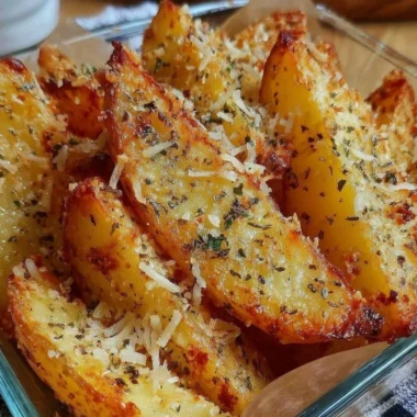 Crispy Baked Garlic Parmesan Potato Wedges served on a plate