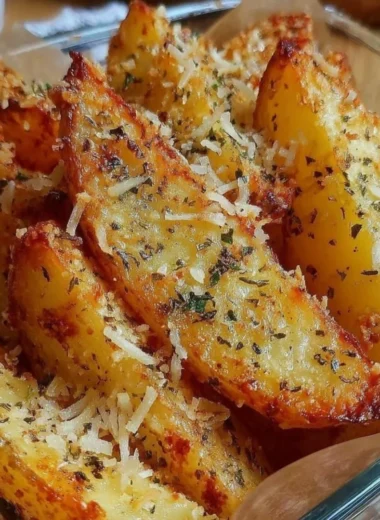 Crispy Baked Garlic Parmesan Potato Wedges served on a plate
