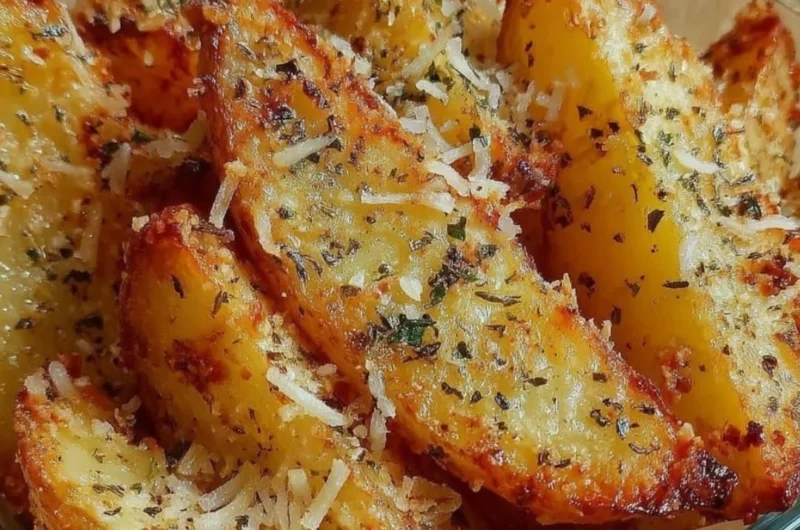 Crispy Baked Garlic Parmesan Potato Wedges served on a plate
