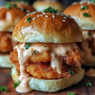 Delicious Bang Bang Chicken Sliders served with a spicy sauce and fresh toppings.
