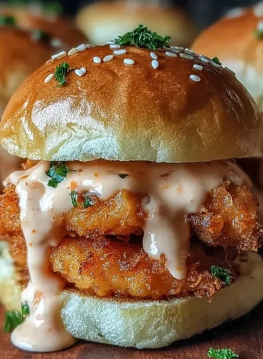 Delicious Bang Bang Chicken Sliders served with a spicy sauce and fresh toppings.