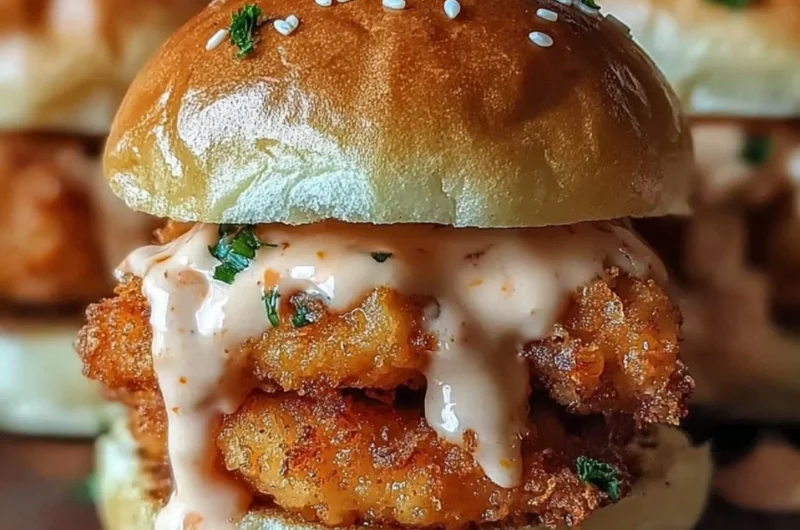 Delicious Bang Bang Chicken Sliders served with a spicy sauce and fresh toppings.