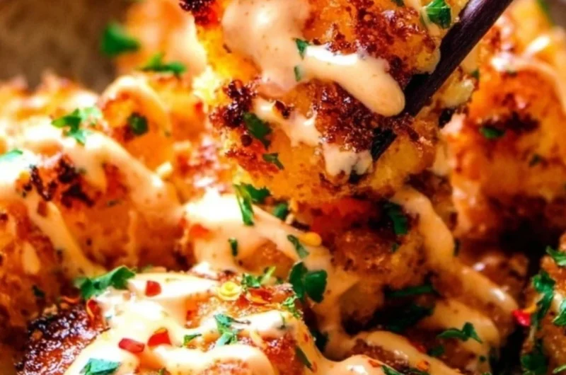 Delicious Bang Bang Shrimp made in an air fryer, served with a spicy sauce.
