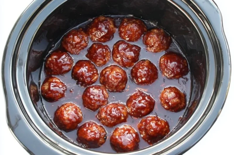 A plate of tender BBQ meatballs glazed with rich barbecue sauce