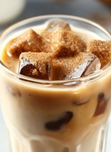 A refreshing glass of Brown Sugar Vanilla Iced Coffee topped with whipped cream.