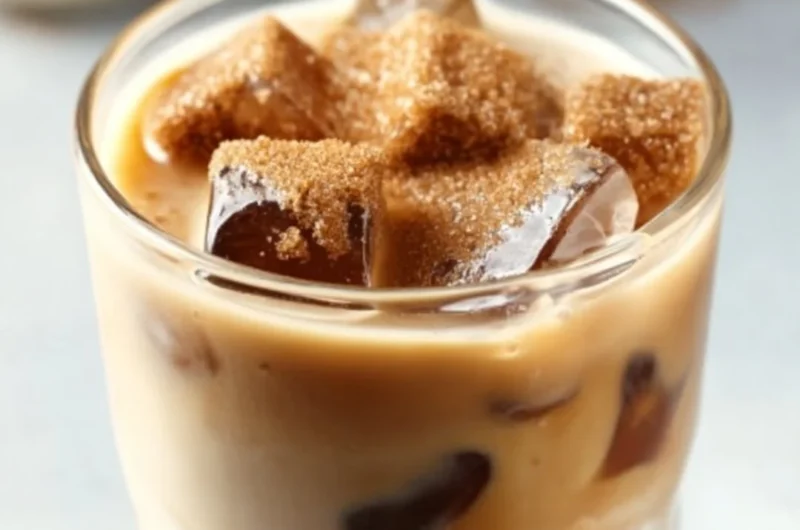 A refreshing glass of Brown Sugar Vanilla Iced Coffee topped with whipped cream.
