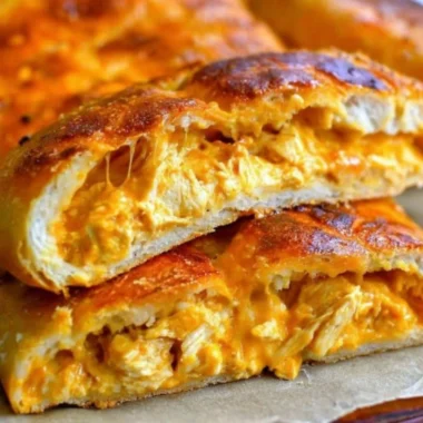 Delicious Buffalo Chicken Garbage Bread with melted cheese and spicy chicken filling