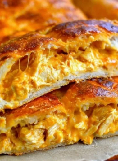Delicious Buffalo Chicken Garbage Bread with melted cheese and spicy chicken filling