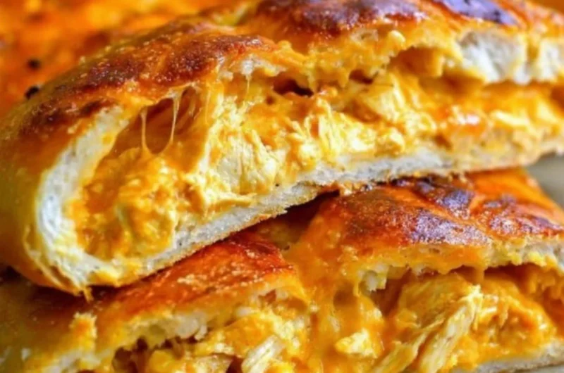 Delicious Buffalo Chicken Garbage Bread with melted cheese and spicy chicken filling