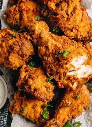 Delicious buttermilk fried chicken plated with a side of dipping sauce.
