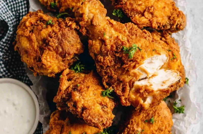 Delicious buttermilk fried chicken plated with a side of dipping sauce.