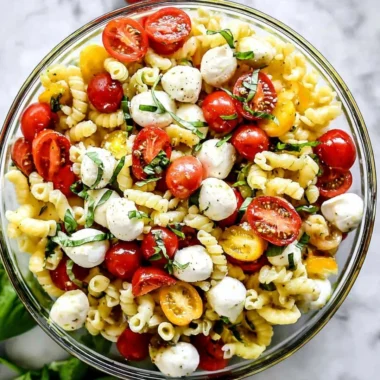 Delicious Caprese Pasta Salad with tomatoes, mozzarella, and basil