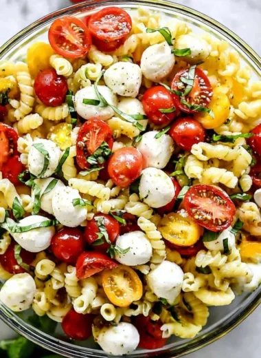 Delicious Caprese Pasta Salad with tomatoes, mozzarella, and basil