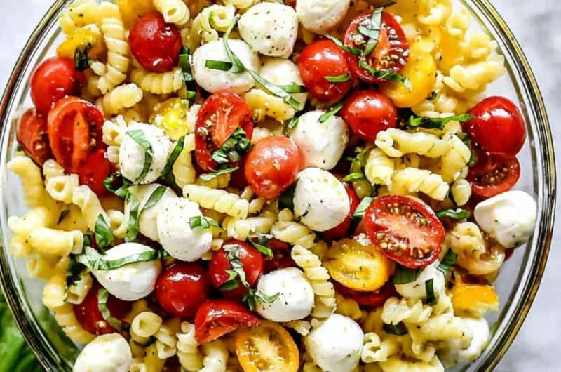 Delicious Caprese Pasta Salad with tomatoes, mozzarella, and basil
