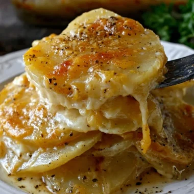 Cheesy garlic scalloped potatoes baked to perfection