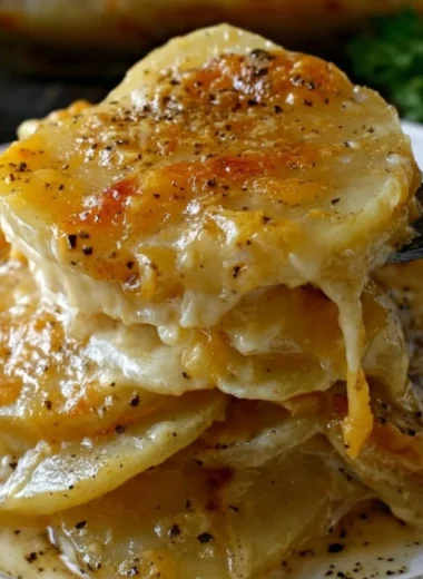 Cheesy garlic scalloped potatoes baked to perfection