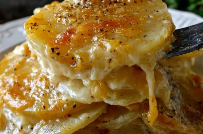 Cheesy garlic scalloped potatoes baked to perfection