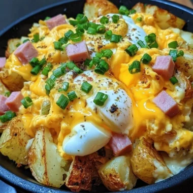 Cheesy potato egg scramble topped with herbs in a skillet