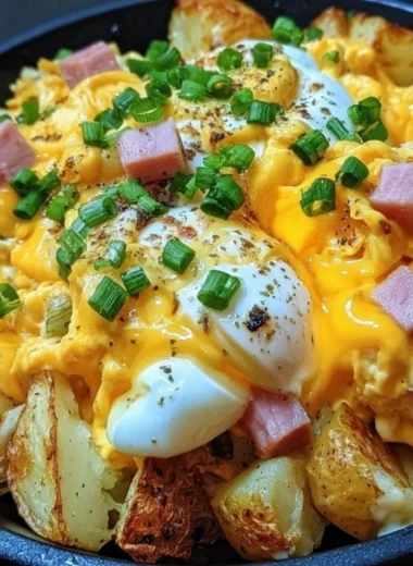 Cheesy potato egg scramble topped with herbs in a skillet