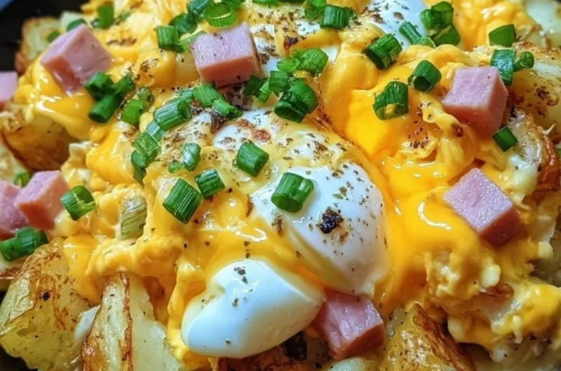 Cheesy potato egg scramble topped with herbs in a skillet