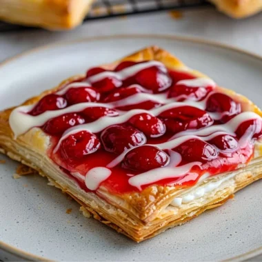 Freshly baked Cherry Danish pastry with cherry filling on a plate