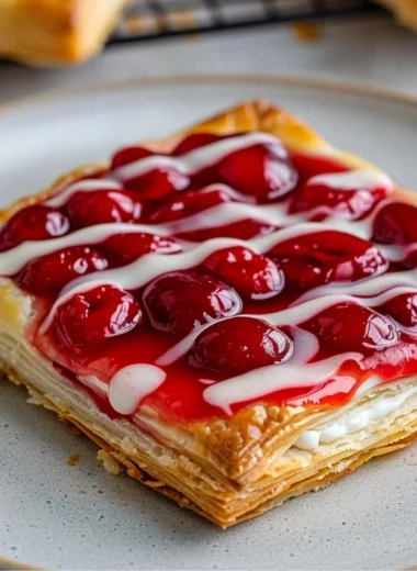 Freshly baked Cherry Danish pastry with cherry filling on a plate