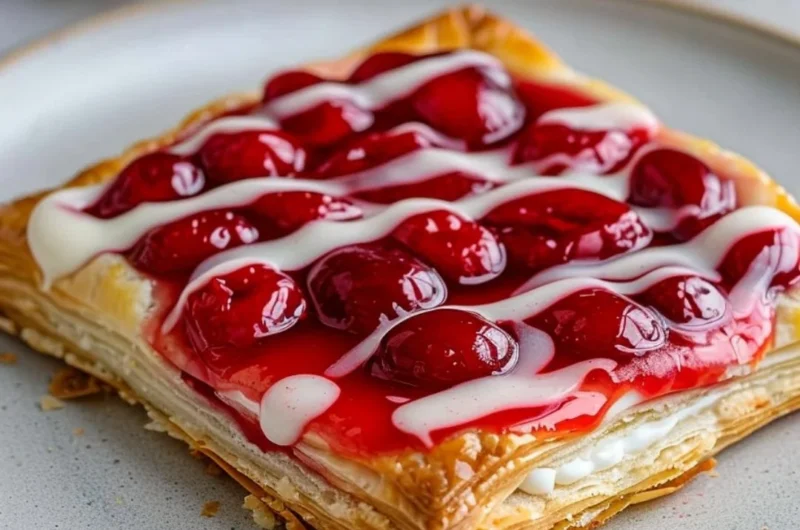 Freshly baked Cherry Danish pastry with cherry filling on a plate