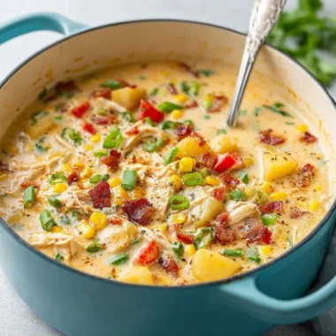 Bowl of creamy Chicken Corn Chowder garnished with herbs and fresh corn