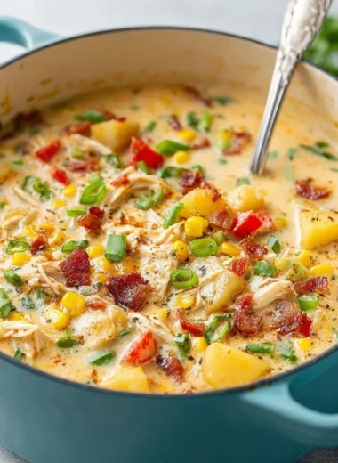 Bowl of creamy Chicken Corn Chowder garnished with herbs and fresh corn