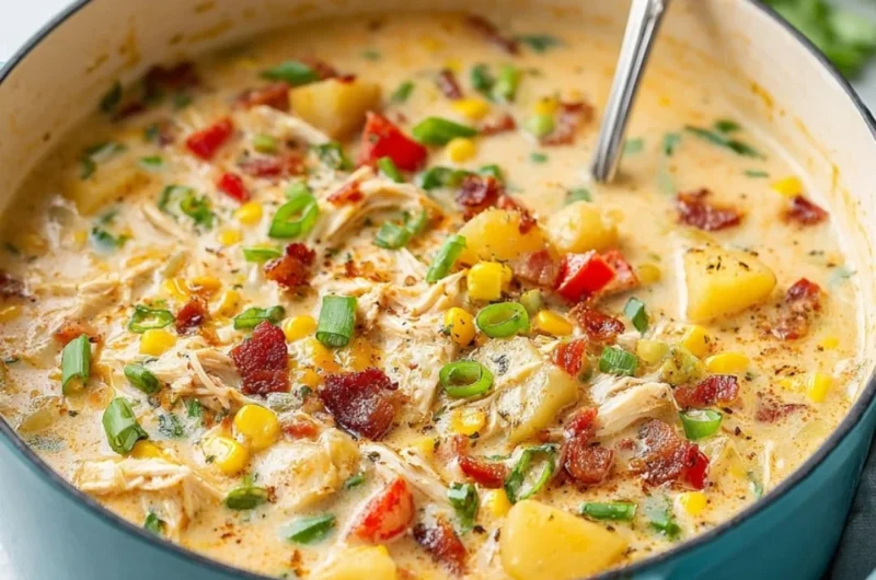 Bowl of creamy Chicken Corn Chowder garnished with herbs and fresh corn