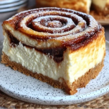 Sliced cinnamon roll honeybun cheesecake topped with caramel drizzle