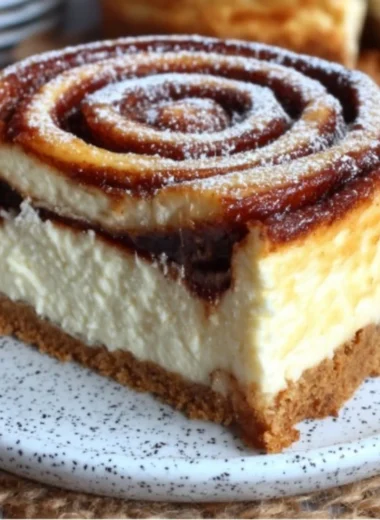 Sliced cinnamon roll honeybun cheesecake topped with caramel drizzle