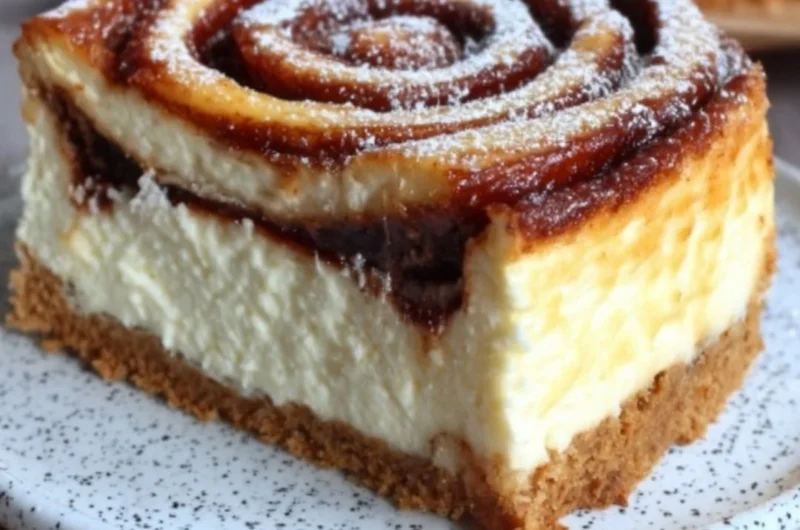 Sliced cinnamon roll honeybun cheesecake topped with caramel drizzle
