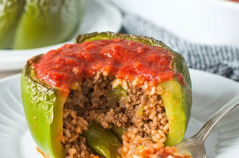 Classic stuffed peppers filled with rice, meat, and spices, topped with cheese.