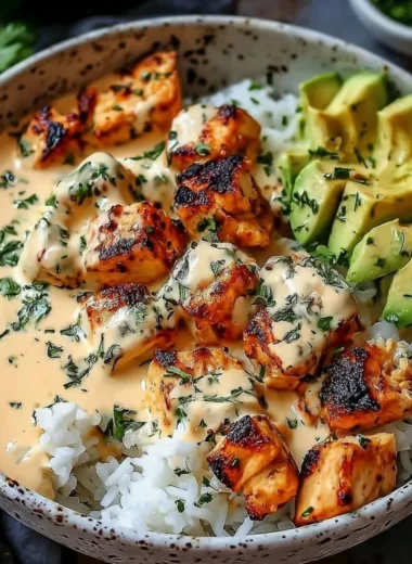 Coconut Chicken Rice Bowl topped with fresh ingredients and served in a bowl