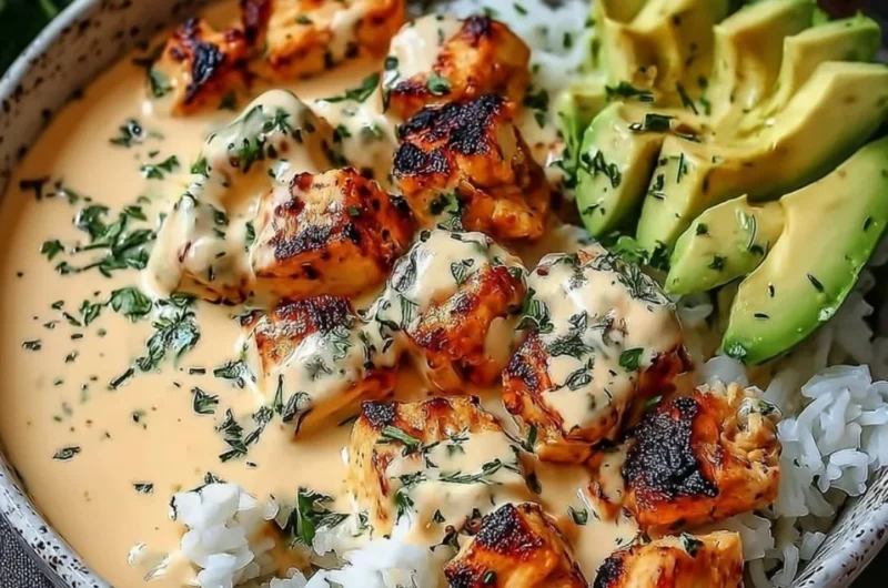 Coconut Chicken Rice Bowl topped with fresh ingredients and served in a bowl