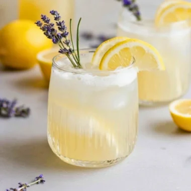 Refreshing Coconut Lavender Lemonade Mocktail with lavender flowers and coconut slices