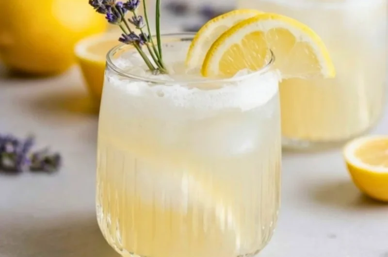 Refreshing Coconut Lavender Lemonade Mocktail with lavender flowers and coconut slices