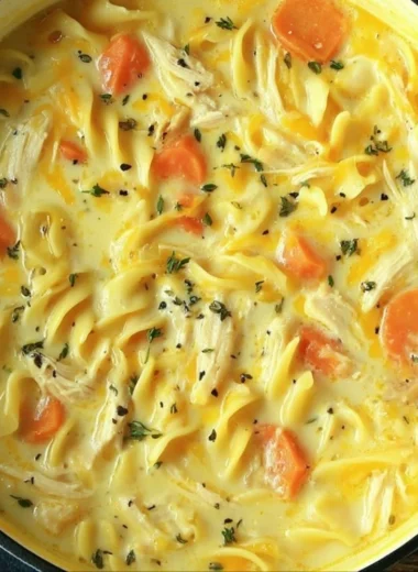 Bowl of Crack Chicken Noodle Soup garnished with herbs and spices