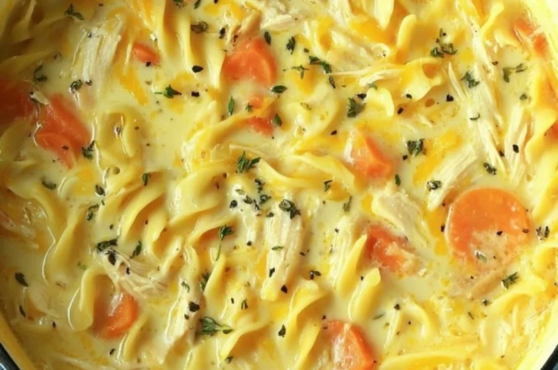 Bowl of Crack Chicken Noodle Soup garnished with herbs and spices