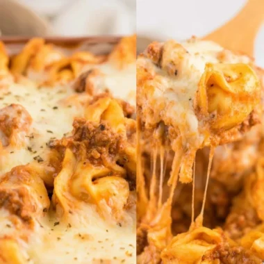 Creamy baked tortellini casserole in a baking dish