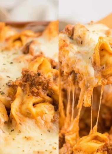 Creamy baked tortellini casserole in a baking dish