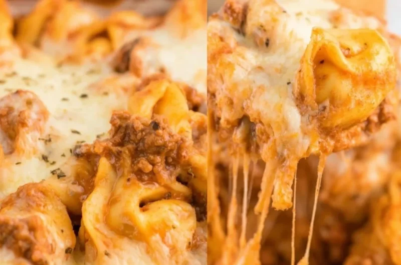 Creamy baked tortellini casserole in a baking dish
