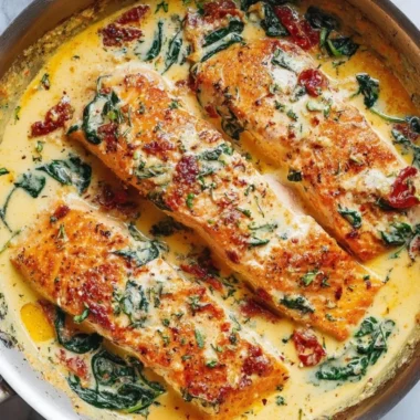 Creamy Garlic Tuscan Salmon with Spinach and Sun-Dried Tomatoes on a plate