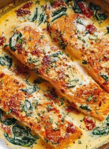 Creamy Garlic Tuscan Salmon with Spinach and Sun-Dried Tomatoes on a plate
