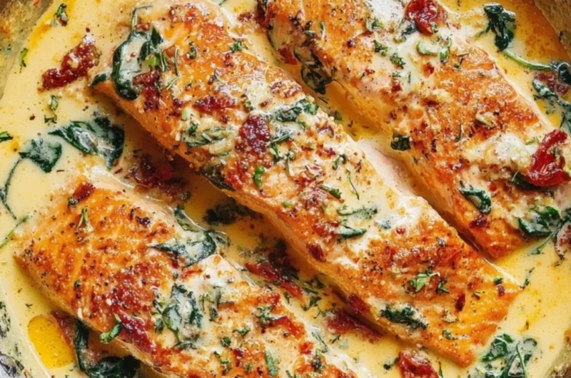 Creamy Garlic Tuscan Salmon with Spinach and Sun-Dried Tomatoes on a plate