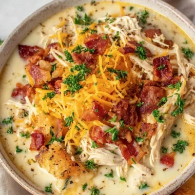 Bowl of creamy keto chicken cream cheese soup garnished with herbs