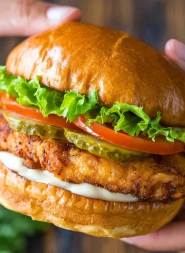 Delicious crispy chicken sandwich with fresh toppings and golden bread