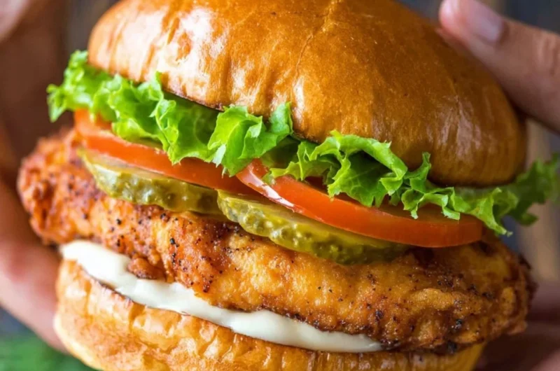 Delicious crispy chicken sandwich with fresh toppings and golden bread