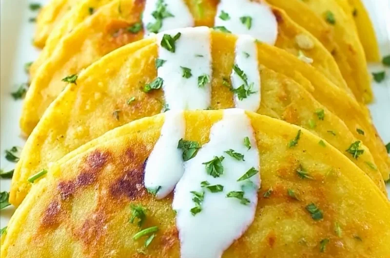 Crispy potato tacos filled with seasoned potatoes and fresh toppings